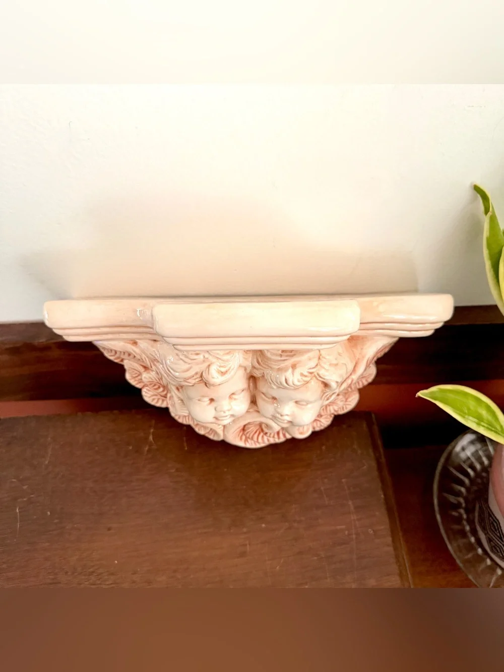 Vintage Cherub Angel Wall Shelf Sconce Ceramic Peach Pink Cottagecore 10.5x5”